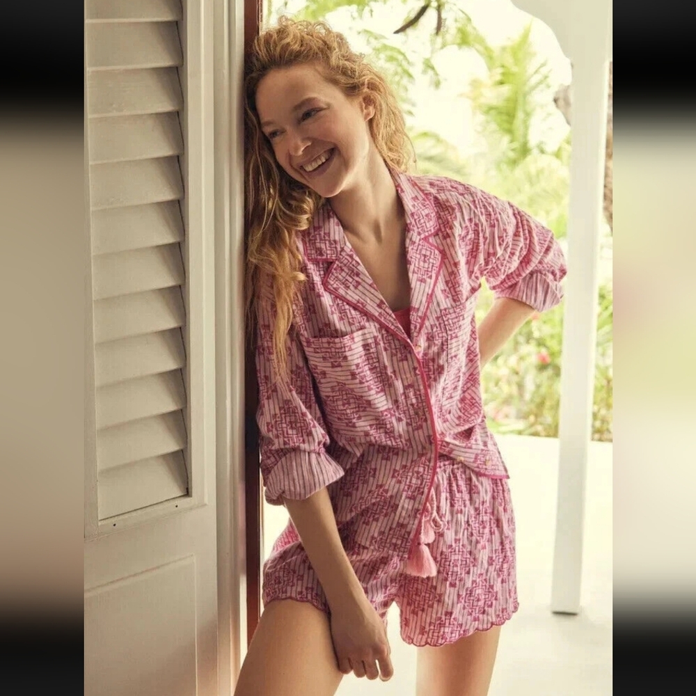 Anthropologie Ella Scalloped Long Sleeve Shorts Pajama Set Small
